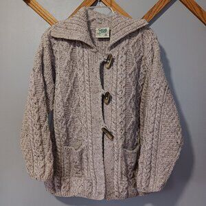 Carraig Donn Pure Wool Cable Knit Shawl Fisherman Sweater Toggle Cardigan XL